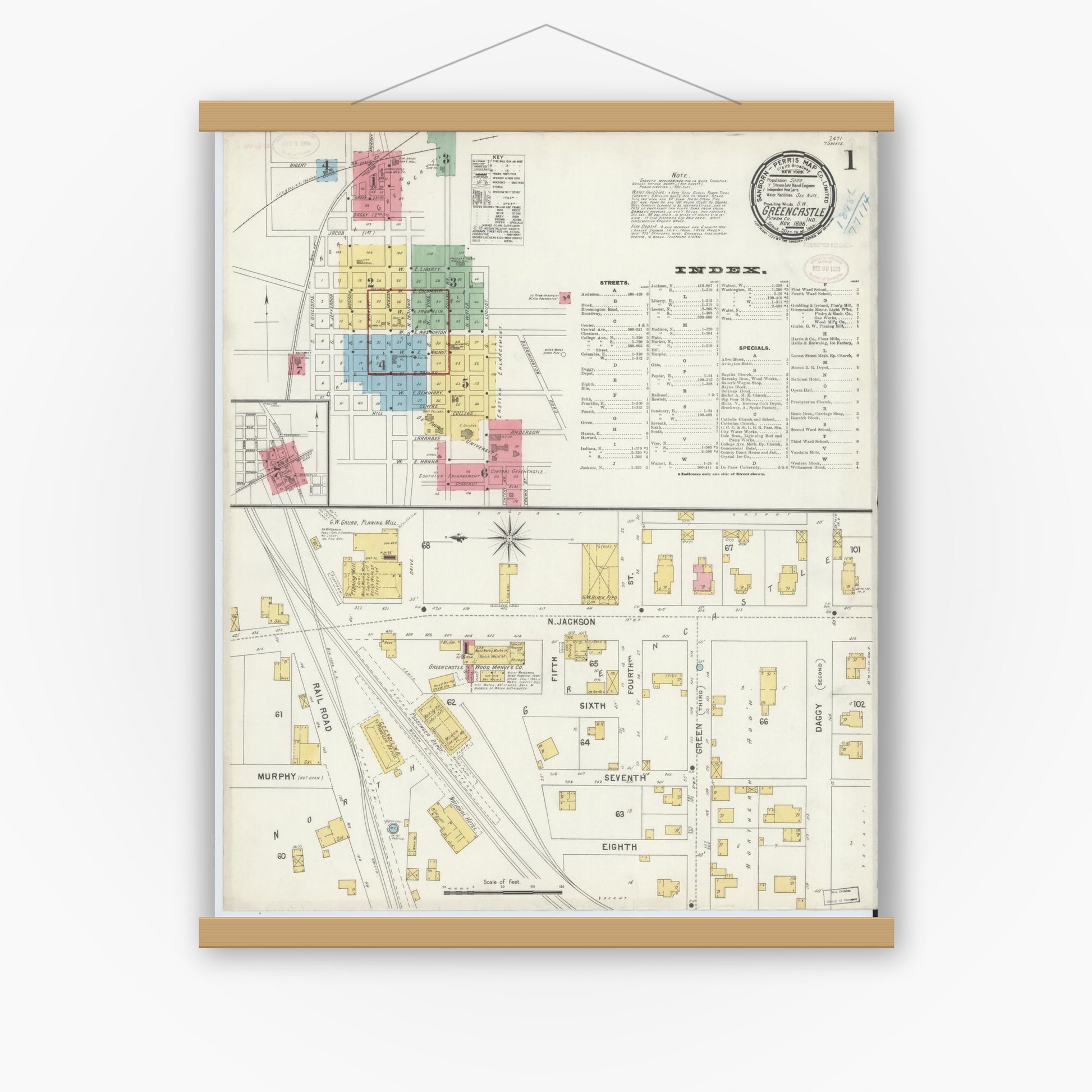 Old map wall art mockup — magnetic wood frame on white wall — Sanborn Fire Insurance Map from Greencastle, Putnam County, Indiana (1898) - Complete Map Set