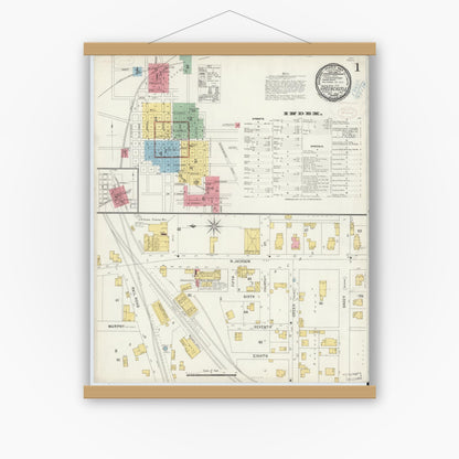 Old map wall art mockup — magnetic wood frame on white wall — Sanborn Fire Insurance Map from Greencastle, Putnam County, Indiana (1898) - Complete Map Set