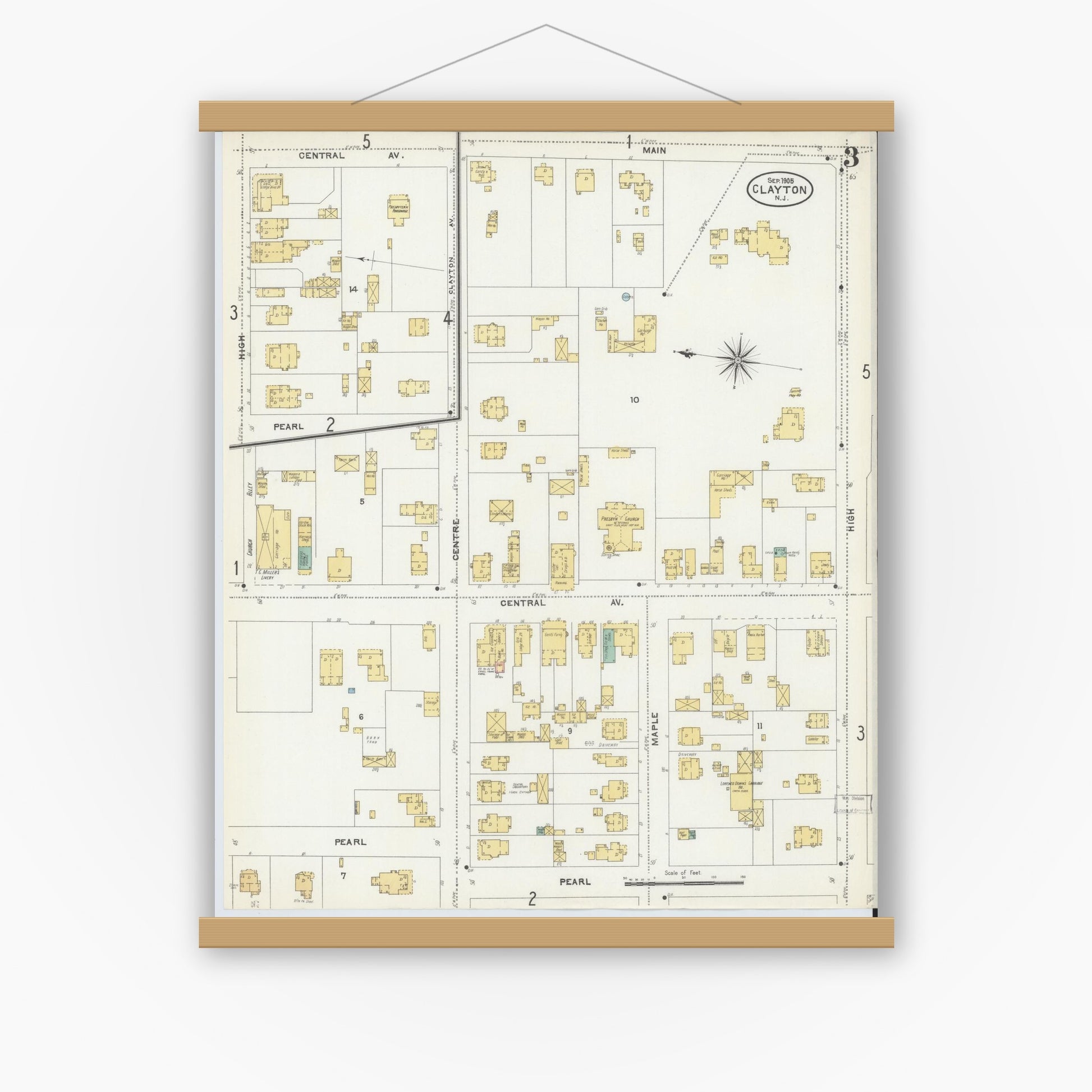 Old map wall art mockup — magnetic wood frame on white wall — Sanborn Fire Insurance Map from Clayton, Gloucester County, New Jersey (1905), Sheet #0003