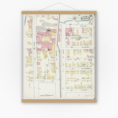 Old map wall art mockup — magnetic wood frame on white wall — Sanborn Fire Insurance Map from Lansingburg, Rensselaer County, New York (1892), Sheet #0016