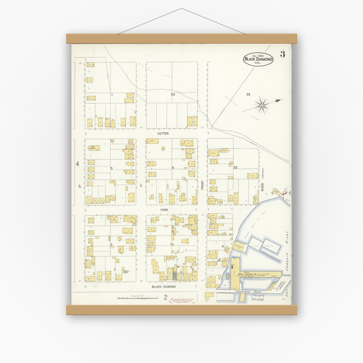 Old map wall art mockup — magnetic wood frame on white wall — Sanborn Fire Insurance Map from Black Diamond, Contra Costa, California (1903), Sheet #0003