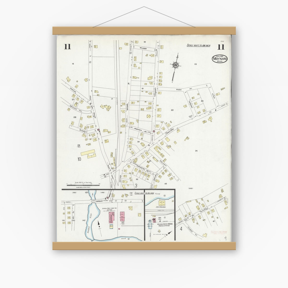 Old map wall art mockup — magnetic wood frame on white wall — Sanborn Fire Insurance Map from Maynard, Middlesex County, Massachusetts (1924), Sheet #0011