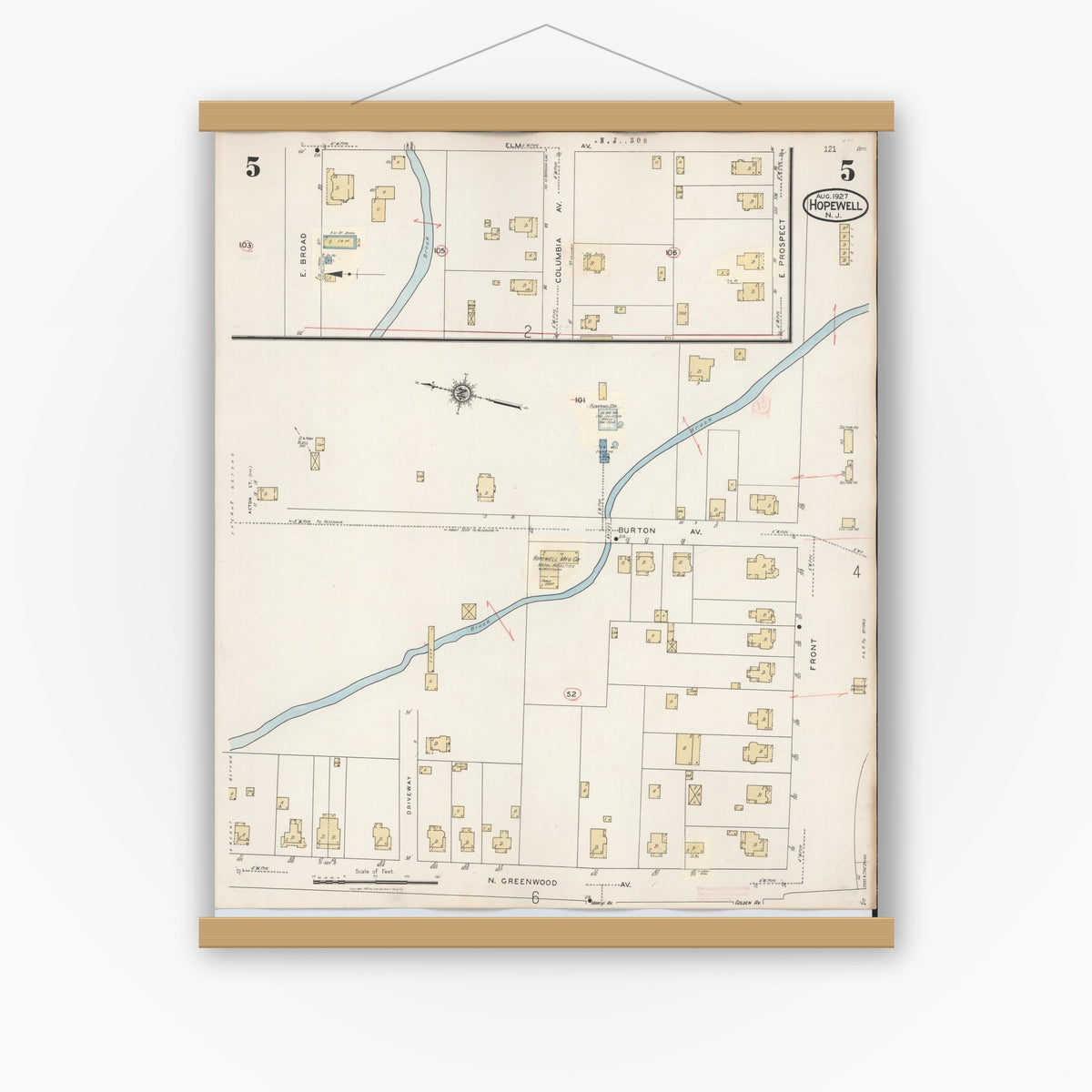 Old map wall art mockup — magnetic wood frame on white wall — Sanborn Fire Insurance Map from Hopewell, Mercer County, New Jersey (1935), Sheet #0005