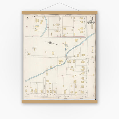 Old map wall art mockup — magnetic wood frame on white wall — Sanborn Fire Insurance Map from Hopewell, Mercer County, New Jersey (1935), Sheet #0005