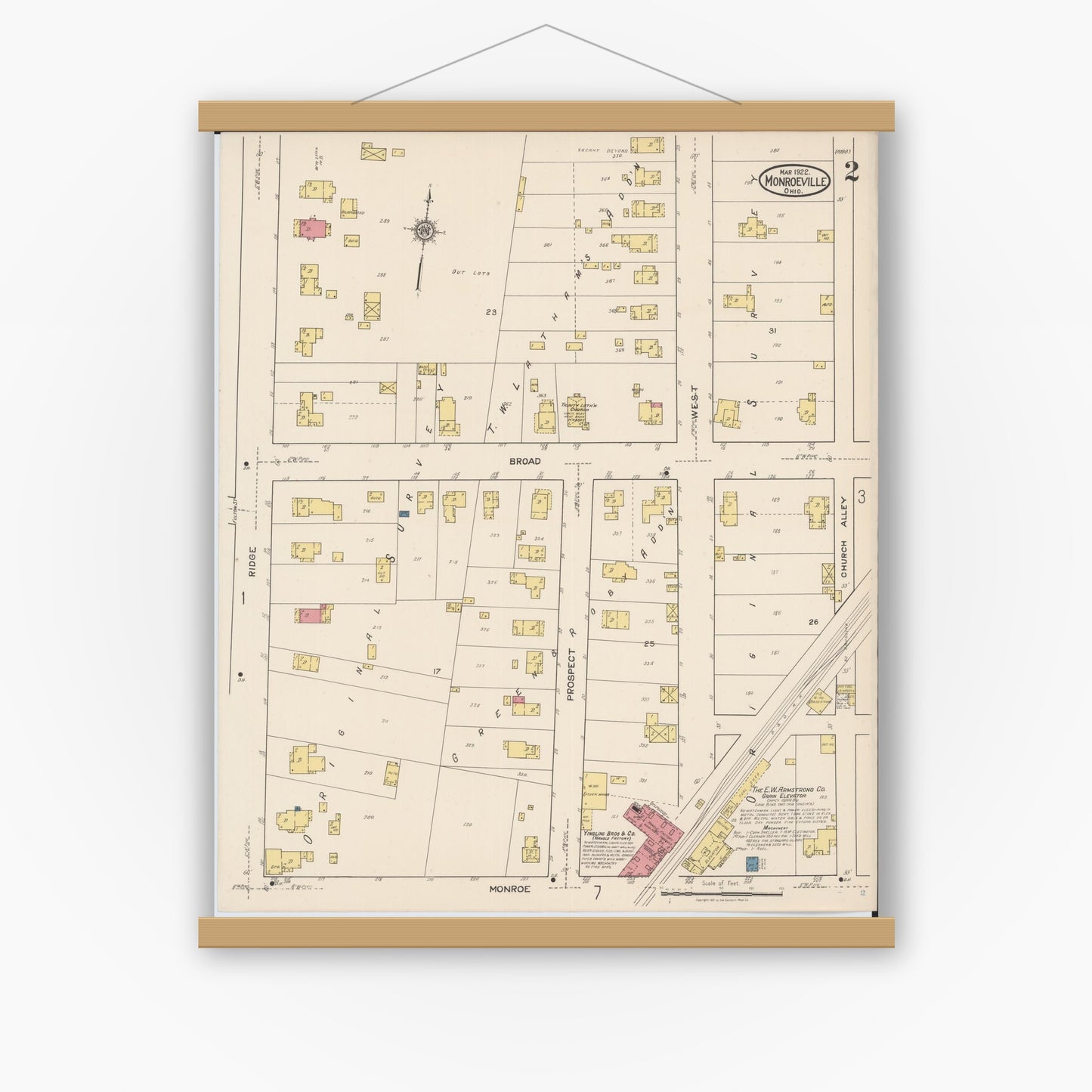 Old map wall art mockup — magnetic wood frame on white wall — Sanborn Fire Insurance Map from Monroeville, Huron County, Ohio (1922), Sheet #0002