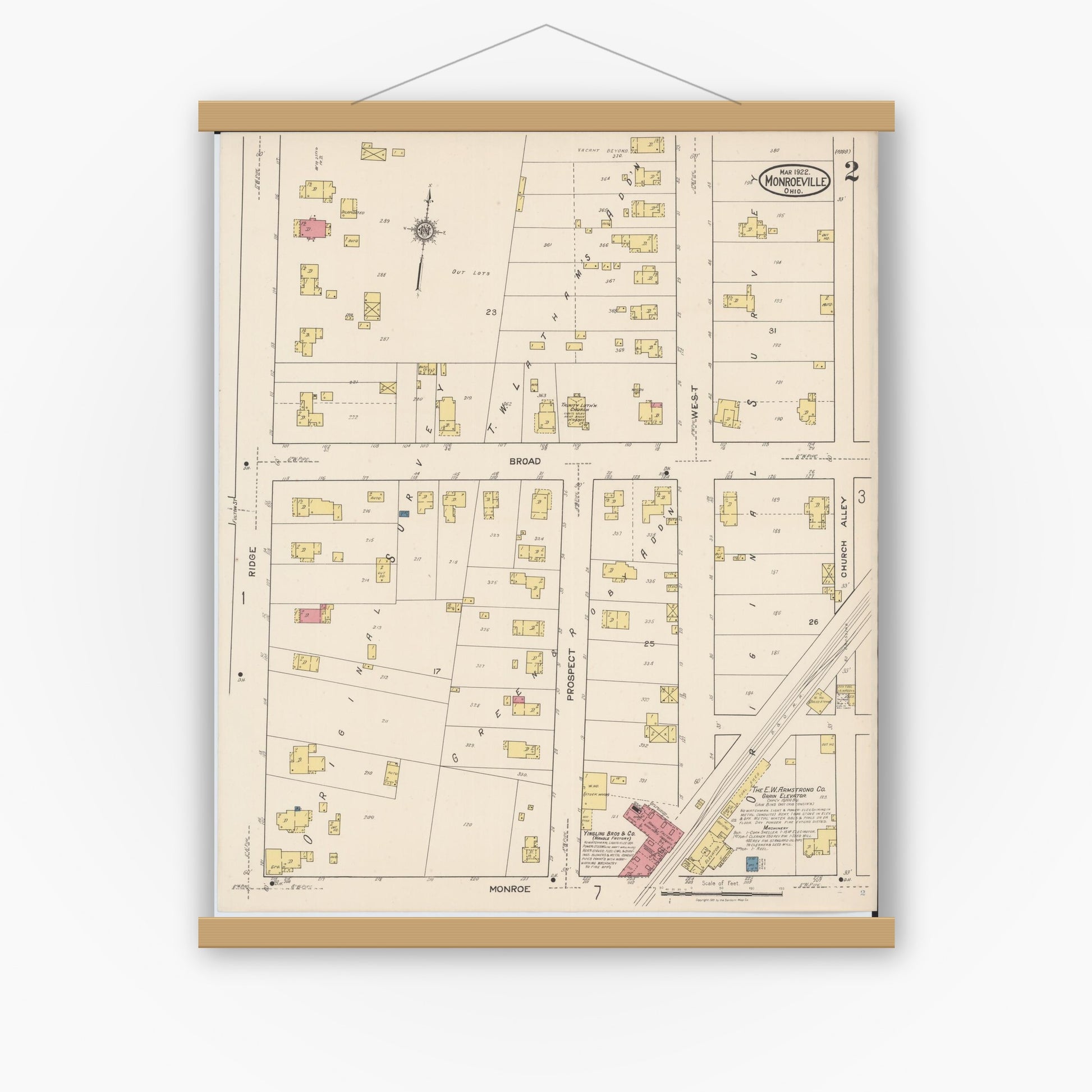 Old map wall art mockup — magnetic wood frame on white wall — Sanborn Fire Insurance Map from Monroeville, Huron County, Ohio (1922), Sheet #0002
