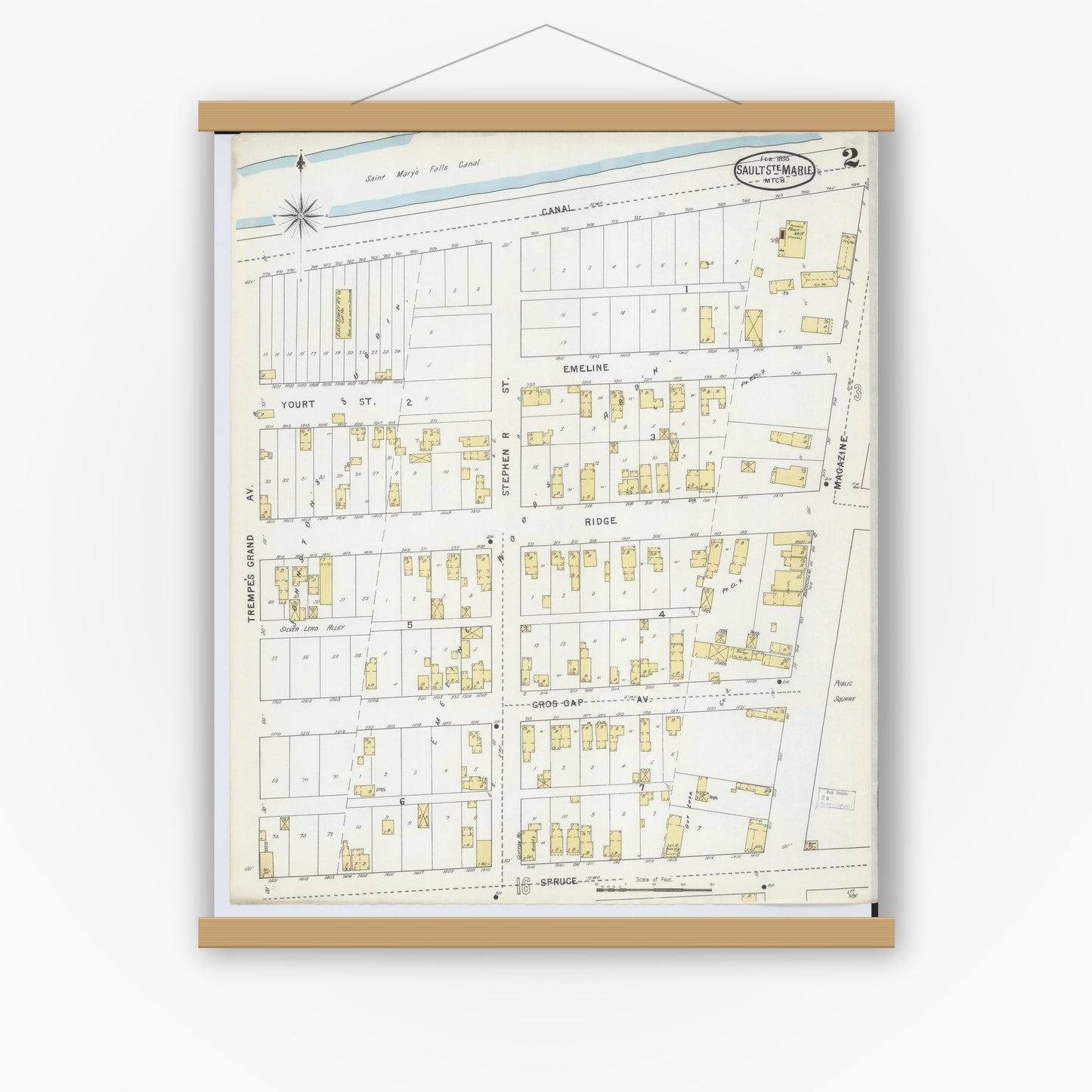 Old map wall art mockup — magnetic wood frame on white wall — Sanborn Fire Insurance Map from Sault Sainte Marie, Chippewa County, Michigan (1895), Sheet #0002