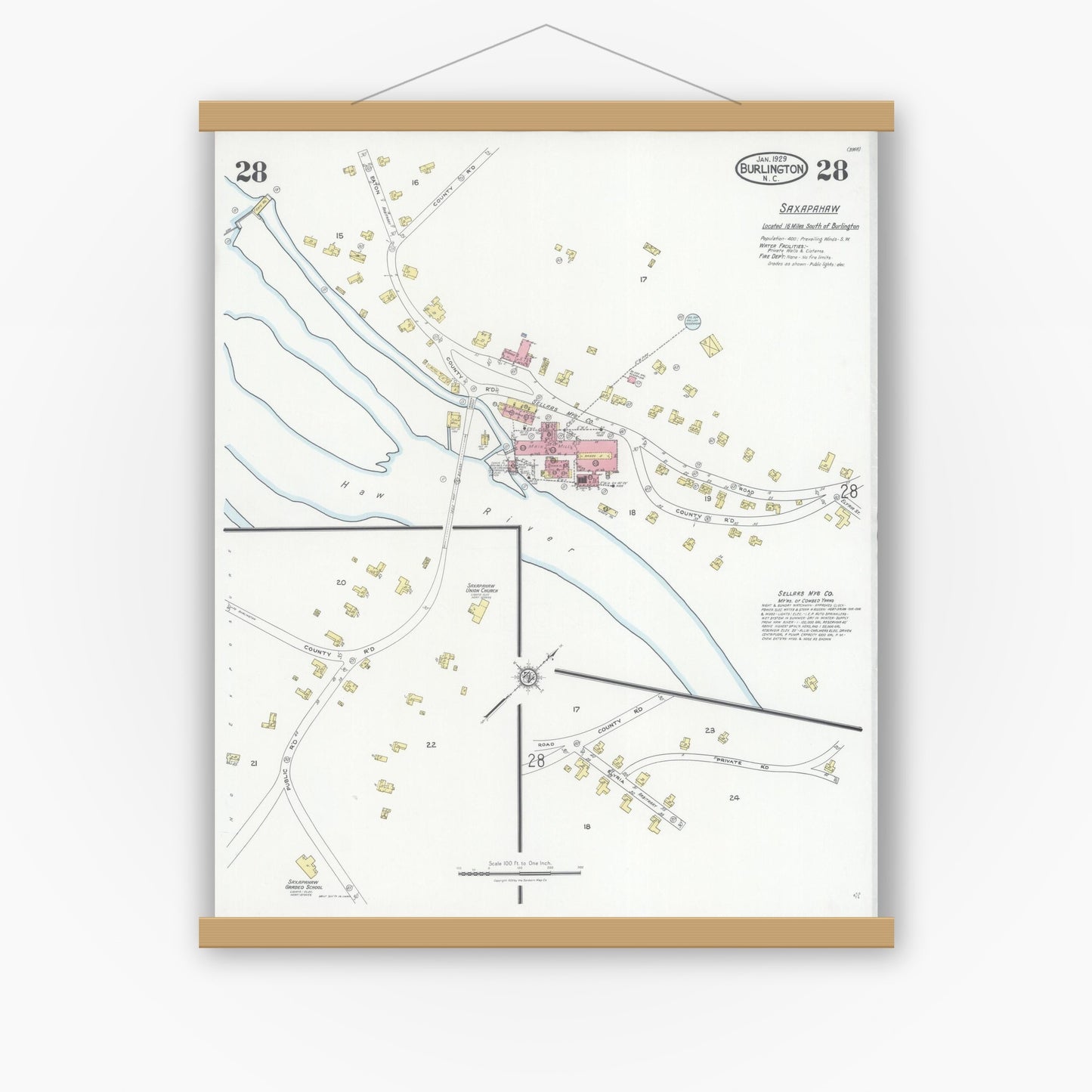 Old map wall art mockup — magnetic wood frame on white wall — Sanborn Fire Insurance Map from Burlington, Alamance County, North Carolina (1929), Sheet #0028