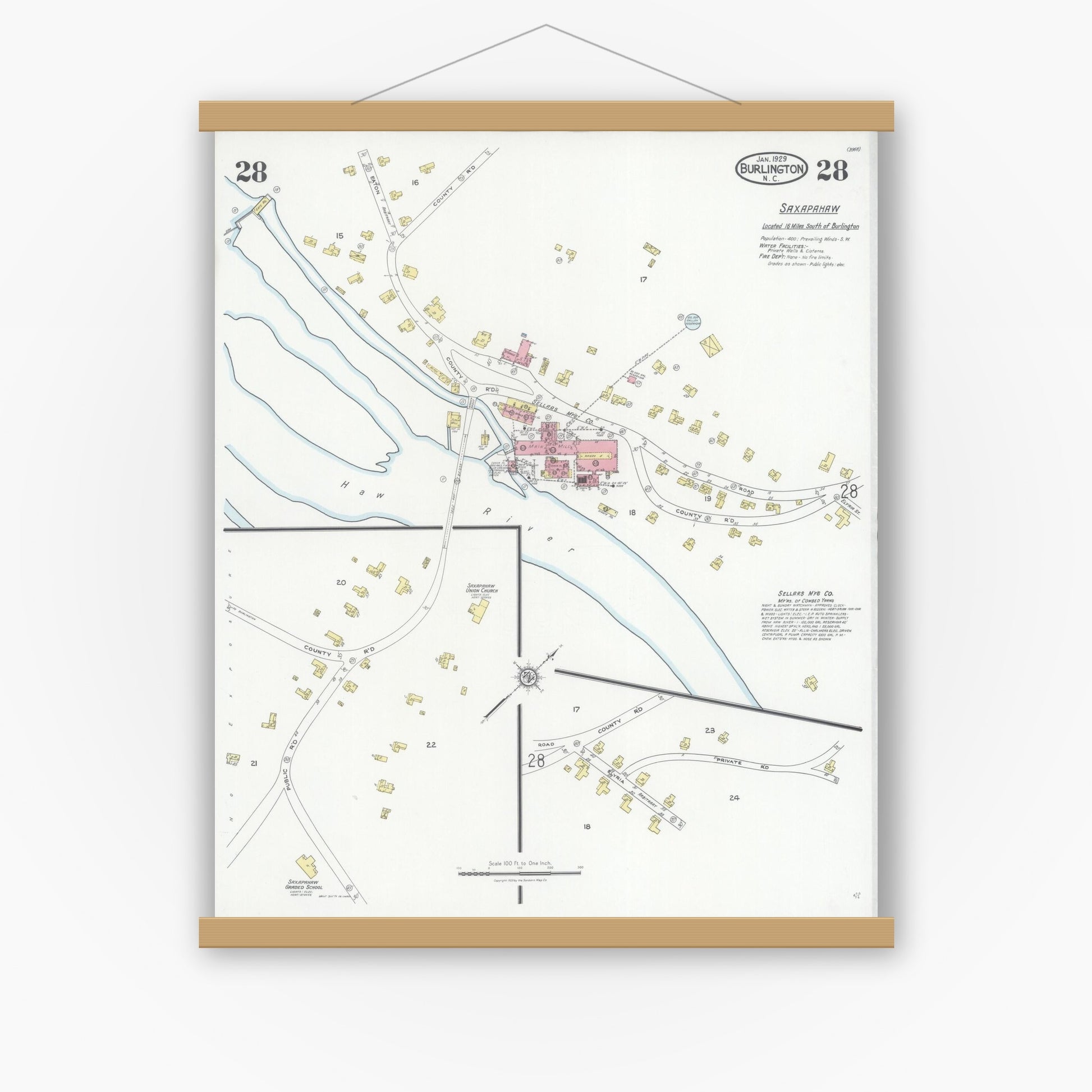 Old map wall art mockup — magnetic wood frame on white wall — Sanborn Fire Insurance Map from Burlington, Alamance County, North Carolina (1929), Sheet #0028