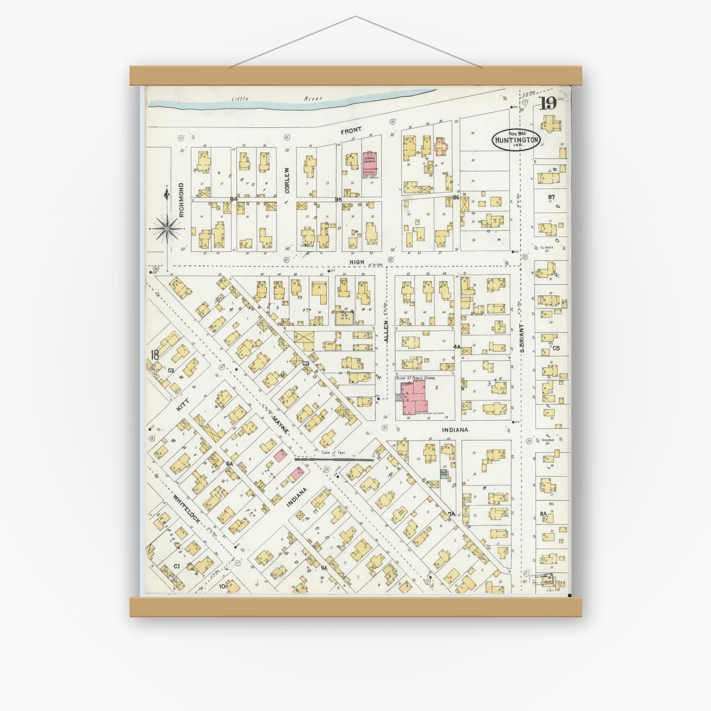 Old map wall art mockup — magnetic wood frame on white wall — Sanborn Fire Insurance Map from Huntington, Huntington County, Indiana (1904), Sheet #0019