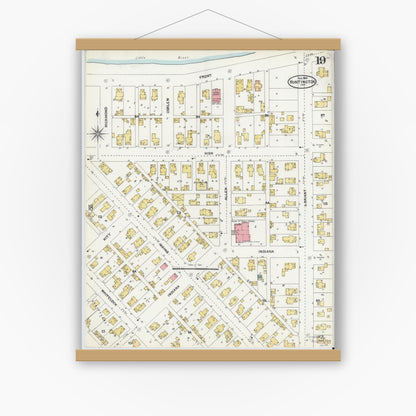 Old map wall art mockup — magnetic wood frame on white wall — Sanborn Fire Insurance Map from Huntington, Huntington County, Indiana (1904), Sheet #0019
