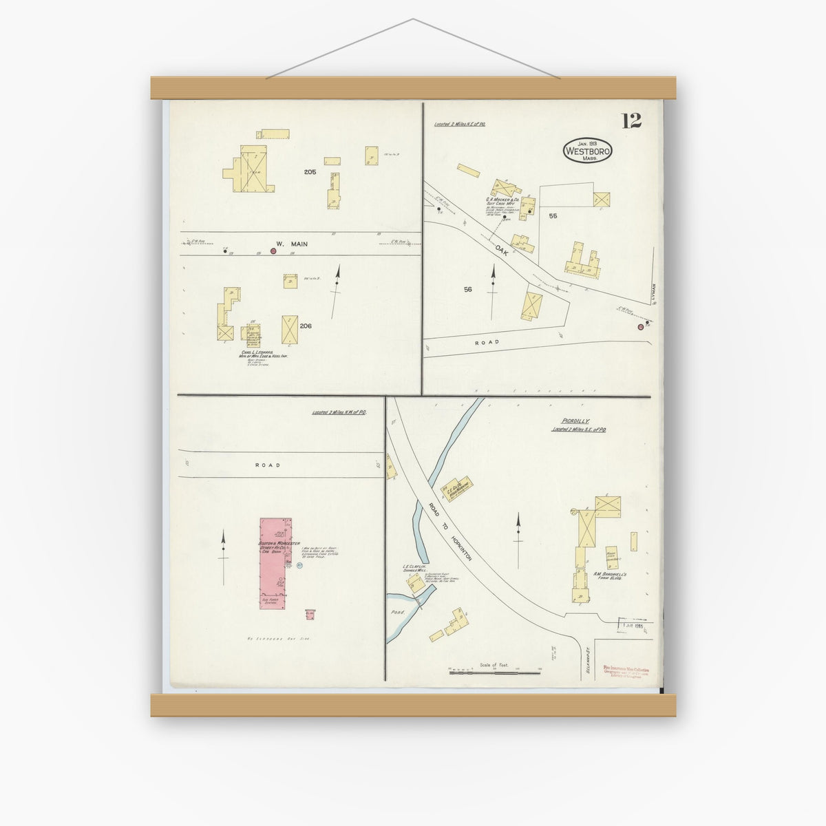 Old map wall art mockup — magnetic wood frame on white wall — Sanborn Fire Insurance Map from Westboro, Worcester County, Massachusetts (1913), Sheet #0012
