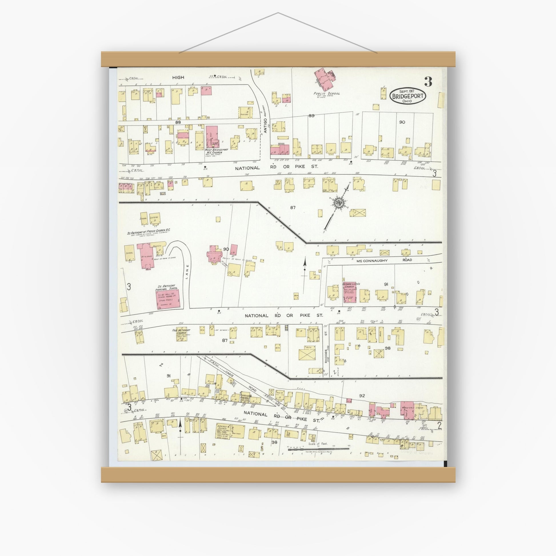 Old map wall art mockup — magnetic wood frame on white wall — Sanborn Fire Insurance Map from Bridgeport, Belmont County, Ohio (1917), Sheet #0003