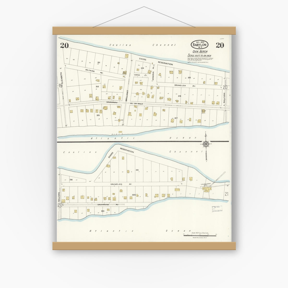 Old map wall art mockup — magnetic wood frame on white wall — Sanborn Fire Insurance Map from Babylon, Suffolk County, New York (1923), Sheet #0020