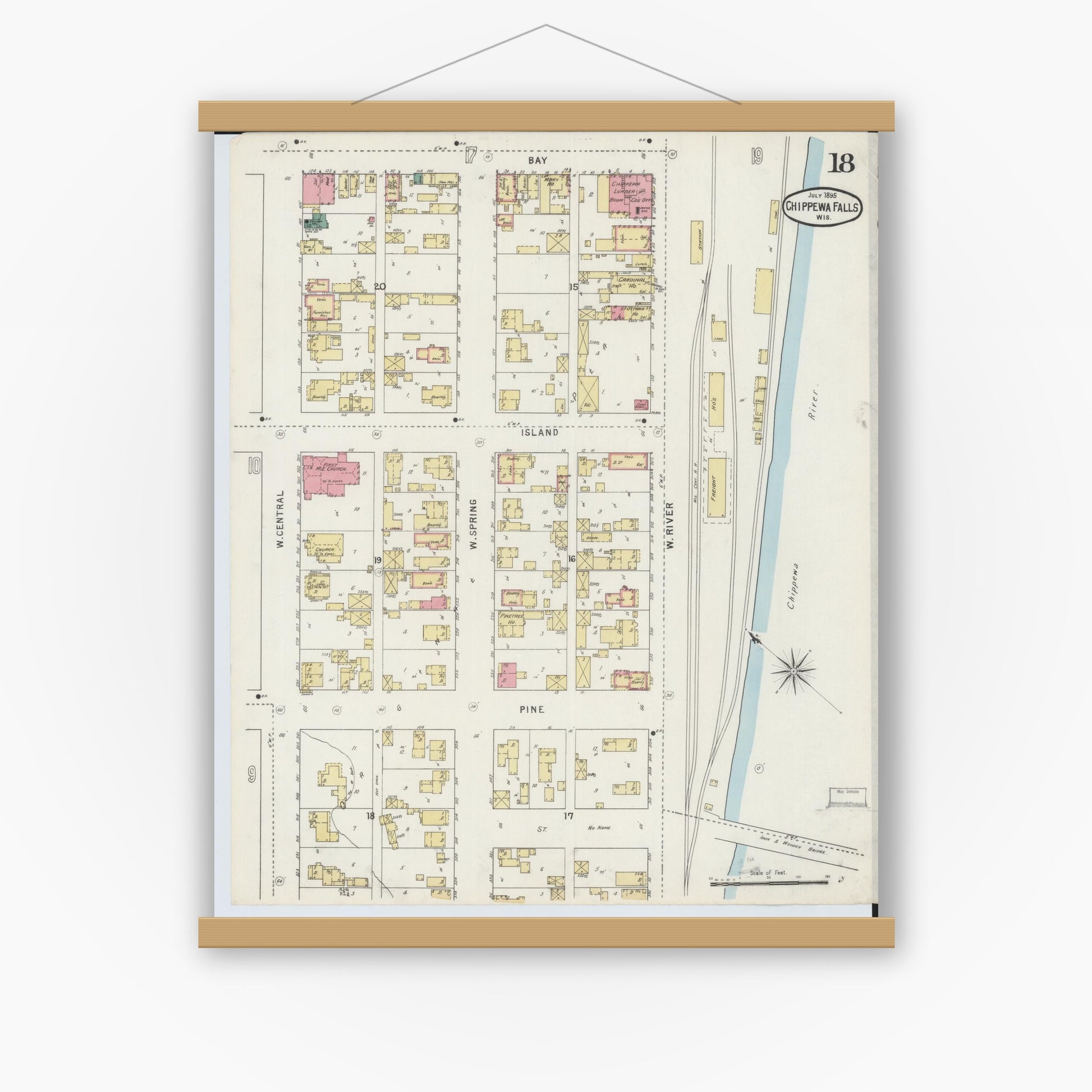 Old map wall art mockup — magnetic wood frame on white wall — Sanborn Fire Insurance Map from Chippewa Falls, Chippewa County, Wisconsin (1895), Sheet #0018