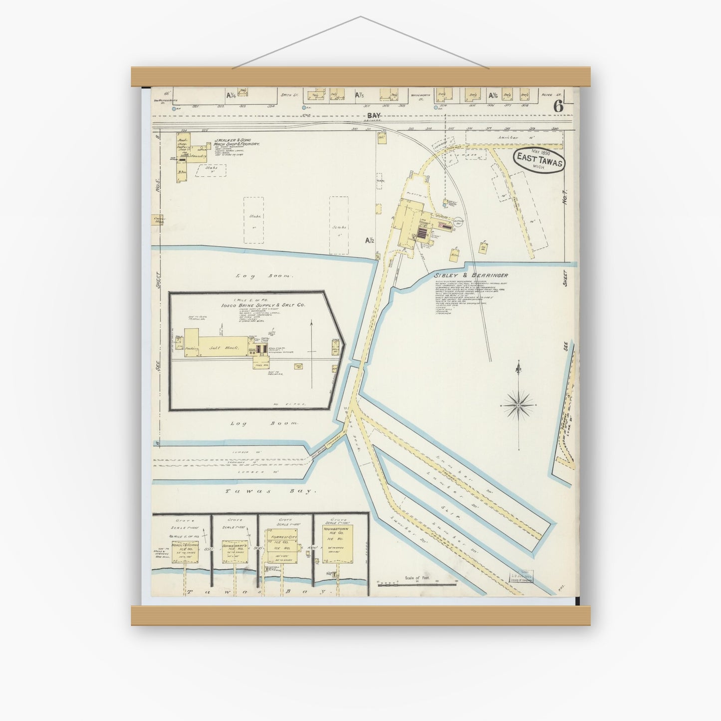 Old map wall art mockup — magnetic wood frame on white wall — Sanborn Fire Insurance Map from East Tawas, Iosco County, Michigan (1890), Sheet #0006