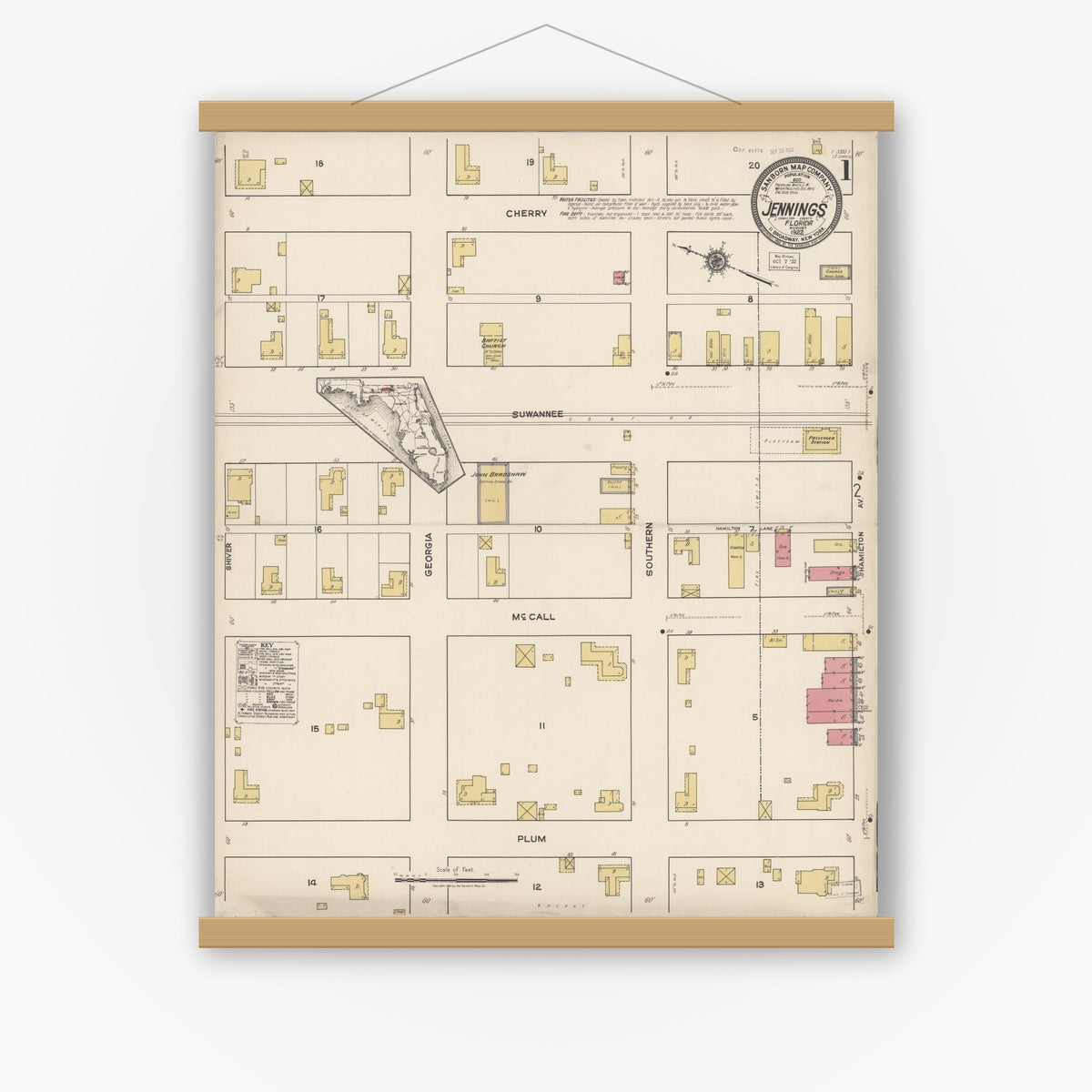 Old map wall art mockup — magnetic wood frame on white wall — Sanborn Fire Insurance Map from Jennings, Hamilton County, Florida (1922), Sheet #0001