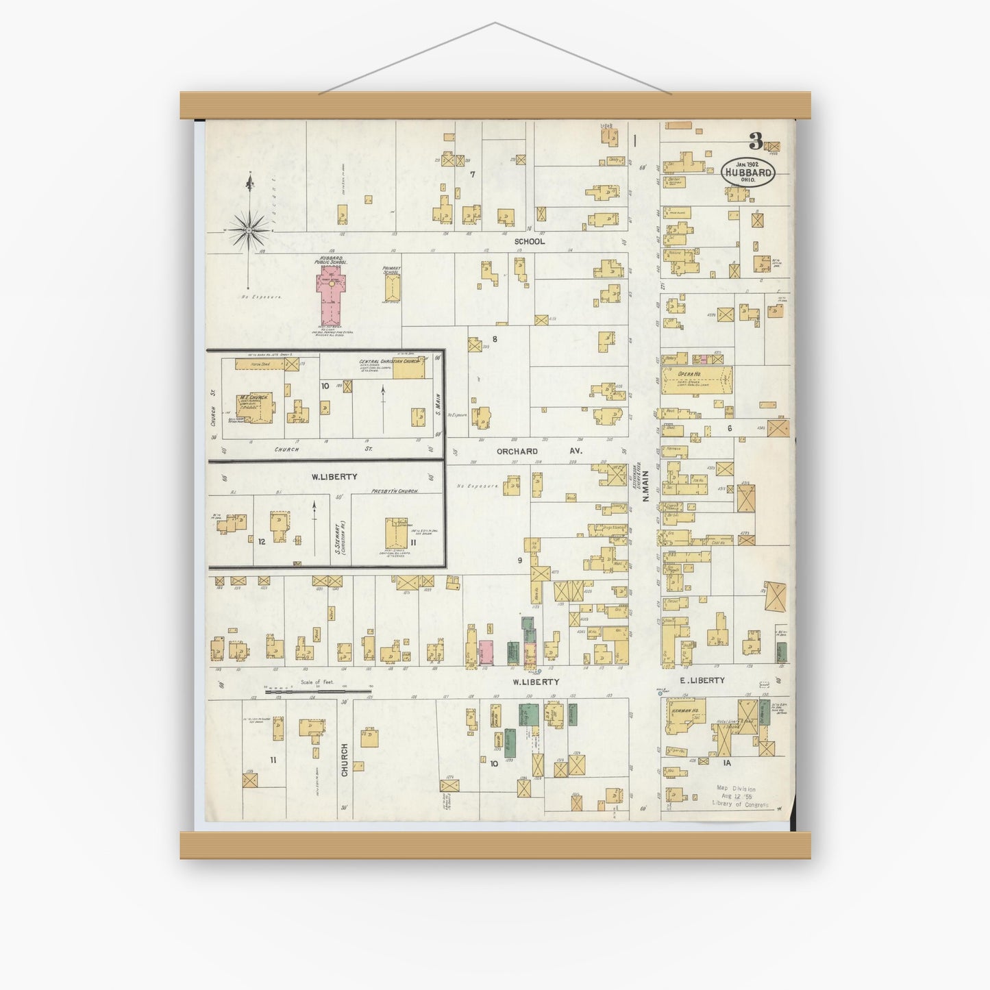 Old map wall art mockup — magnetic wood frame on white wall — Sanborn Fire Insurance Map from Hubbard, Trumbull County, Ohio (1902), Sheet #0003