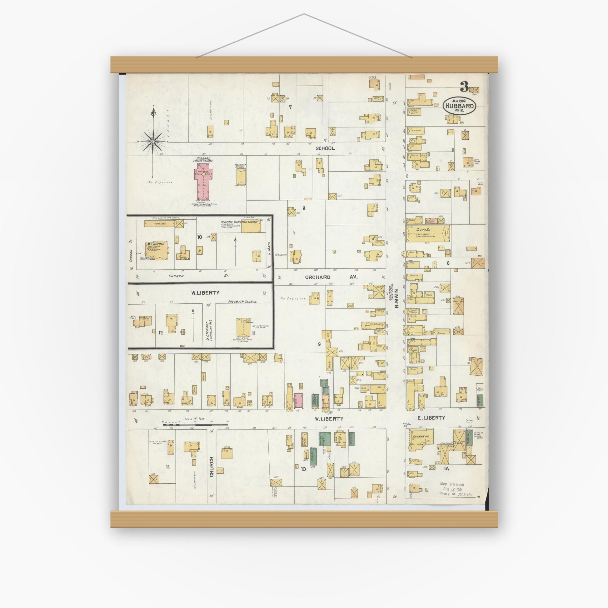 Old map wall art mockup — magnetic wood frame on white wall — Sanborn Fire Insurance Map from Hubbard, Trumbull County, Ohio (1902), Sheet #0003