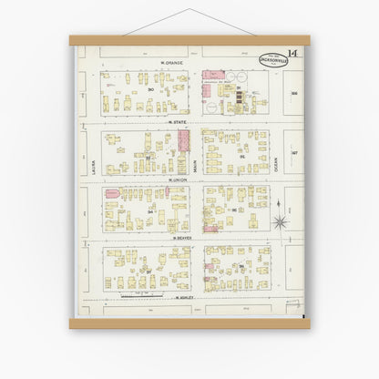 Old map wall art mockup — magnetic wood frame on white wall — Sanborn Fire Insurance Map from Jacksonville, Duval County, Florida (1891), Sheet #0014
