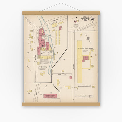 Old map wall art mockup — magnetic wood frame on white wall — Sanborn Fire Insurance Map from Bridgewater, Plymouth County, Massachusetts (1921), Sheet #0020