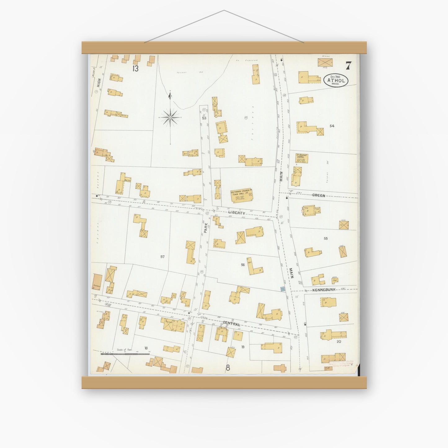 Old map wall art mockup — magnetic wood frame on white wall — Sanborn Fire Insurance Map from Athol, Worcester County, Massachusetts (1900), Sheet #0007