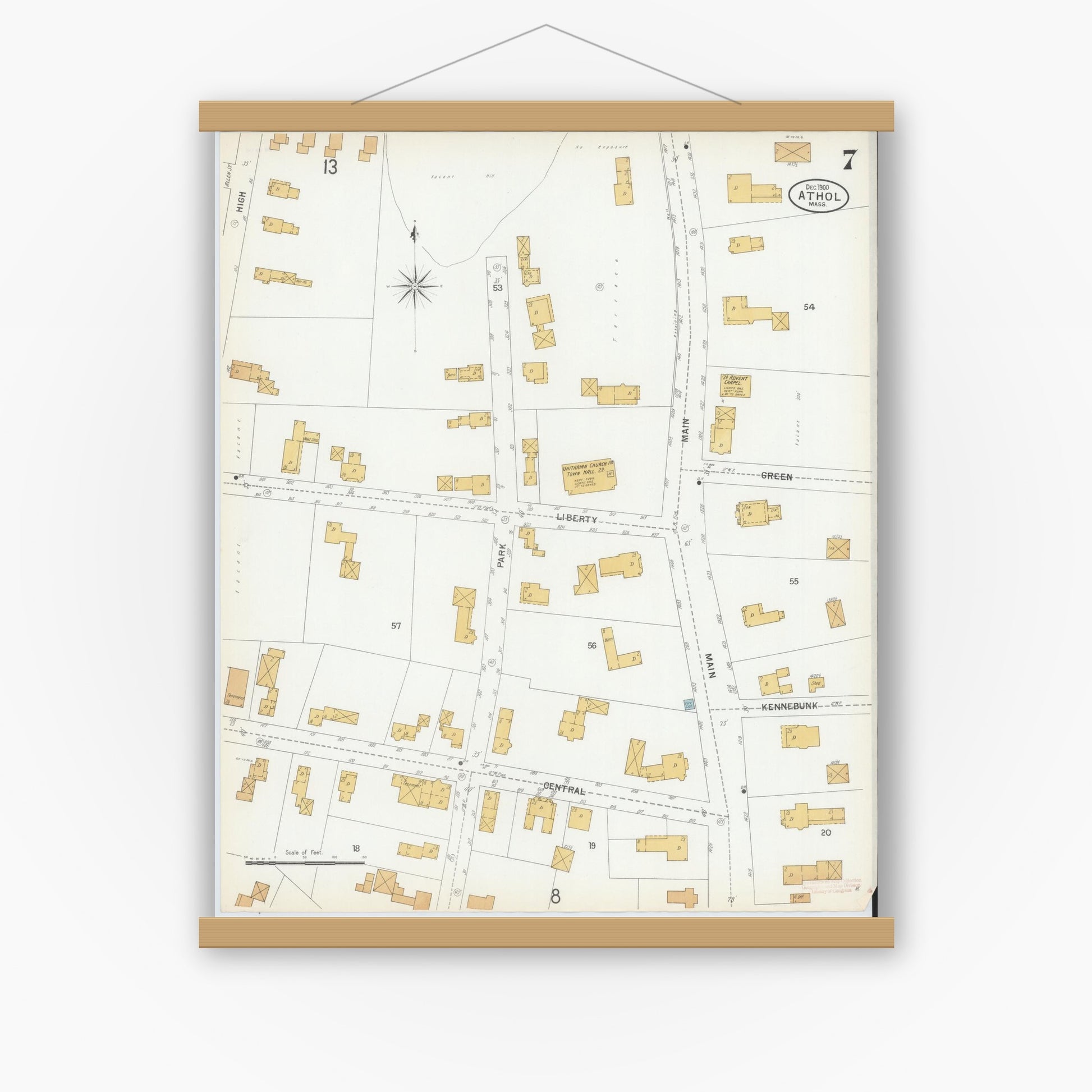 Old map wall art mockup — magnetic wood frame on white wall — Sanborn Fire Insurance Map from Athol, Worcester County, Massachusetts (1900), Sheet #0007