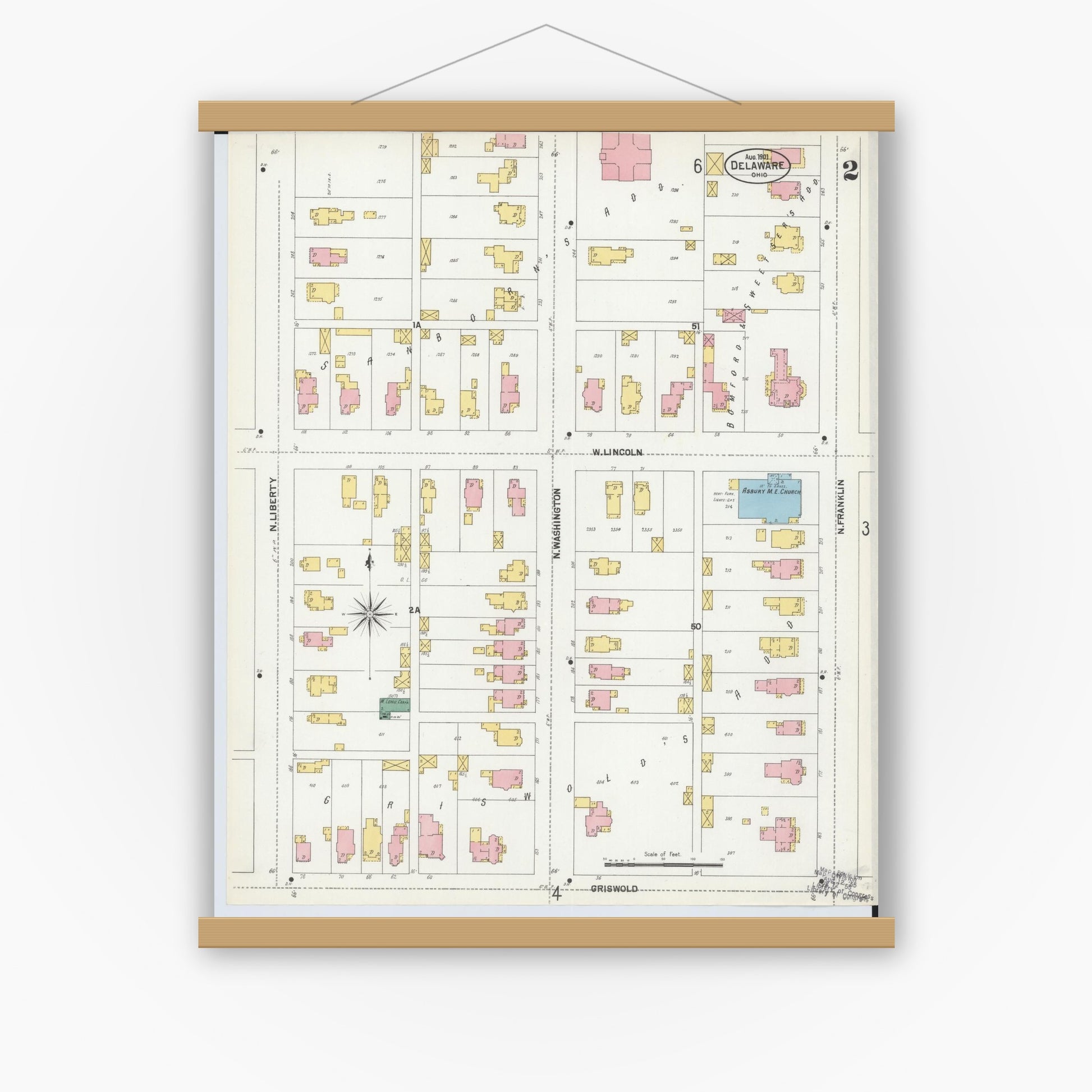 Old map wall art mockup — magnetic wood frame on white wall — Sanborn Fire Insurance Map from Delaware, Delaware County, Ohio (1901), Sheet #0002