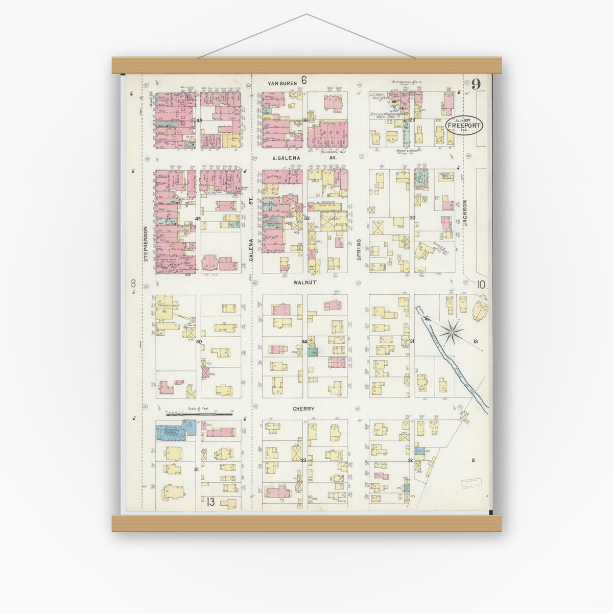 Old map wall art mockup — magnetic wood frame on white wall — Sanborn Fire Insurance Map from Freeport, Stephenson County, Illinois (1897), Sheet #0009
