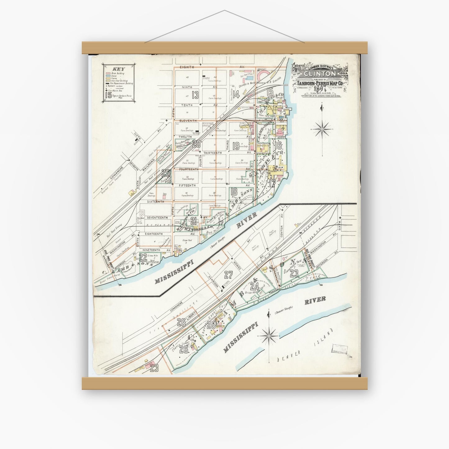 Old map wall art mockup — magnetic wood frame on white wall — Sanborn Fire Insurance Map from Clinton, Clinton County, Iowa (1897) â€” Complete Set