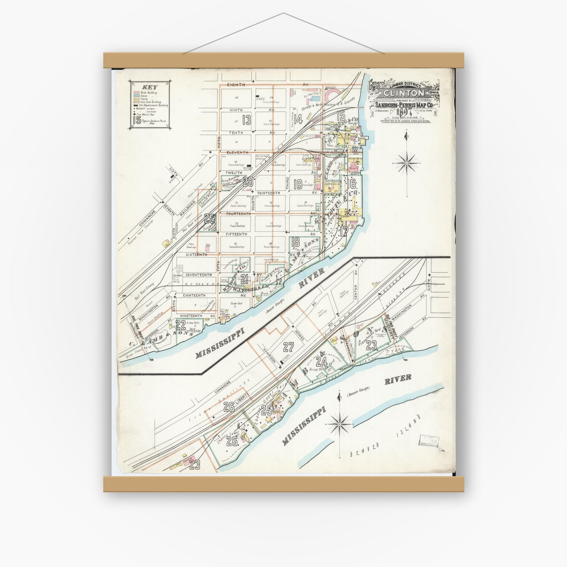 Old map wall art mockup — magnetic wood frame on white wall — Sanborn Fire Insurance Map from Clinton, Clinton County, Iowa (1897) â€” Complete Set