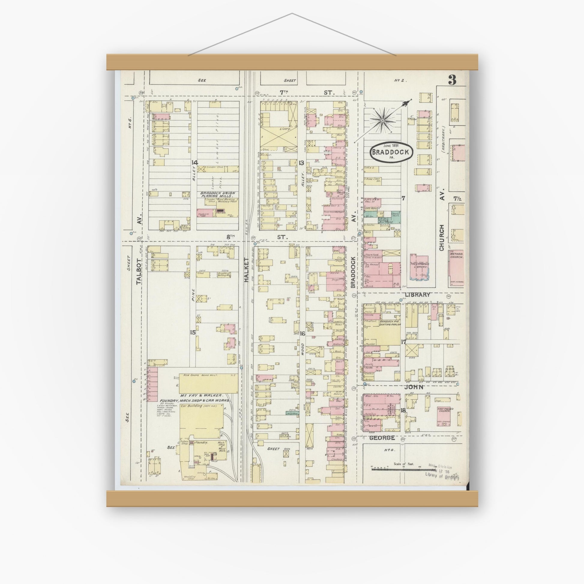 Old map wall art mockup — magnetic wood frame on white wall — Sanborn Fire Insurance Map from Braddock, Allegheny County, Pennsylvania (1891), Sheet #0003