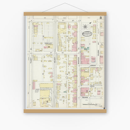 Old map wall art mockup — magnetic wood frame on white wall — Sanborn Fire Insurance Map from Braddock, Allegheny County, Pennsylvania (1891), Sheet #0003