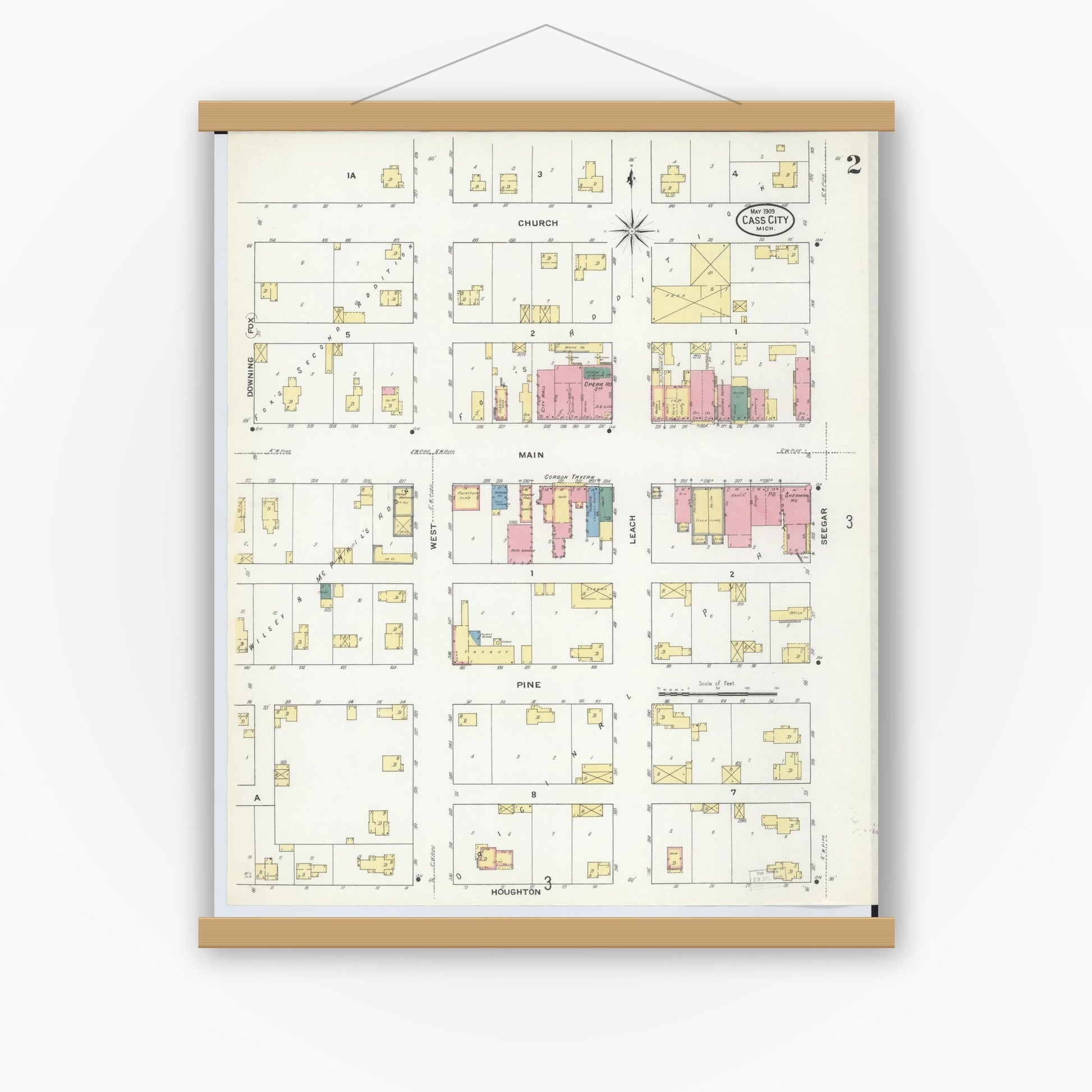 Old map wall art mockup — magnetic wood frame on white wall — Sanborn Fire Insurance Map from Cass City, Tuscola County, Michigan (1909), Sheet #0002