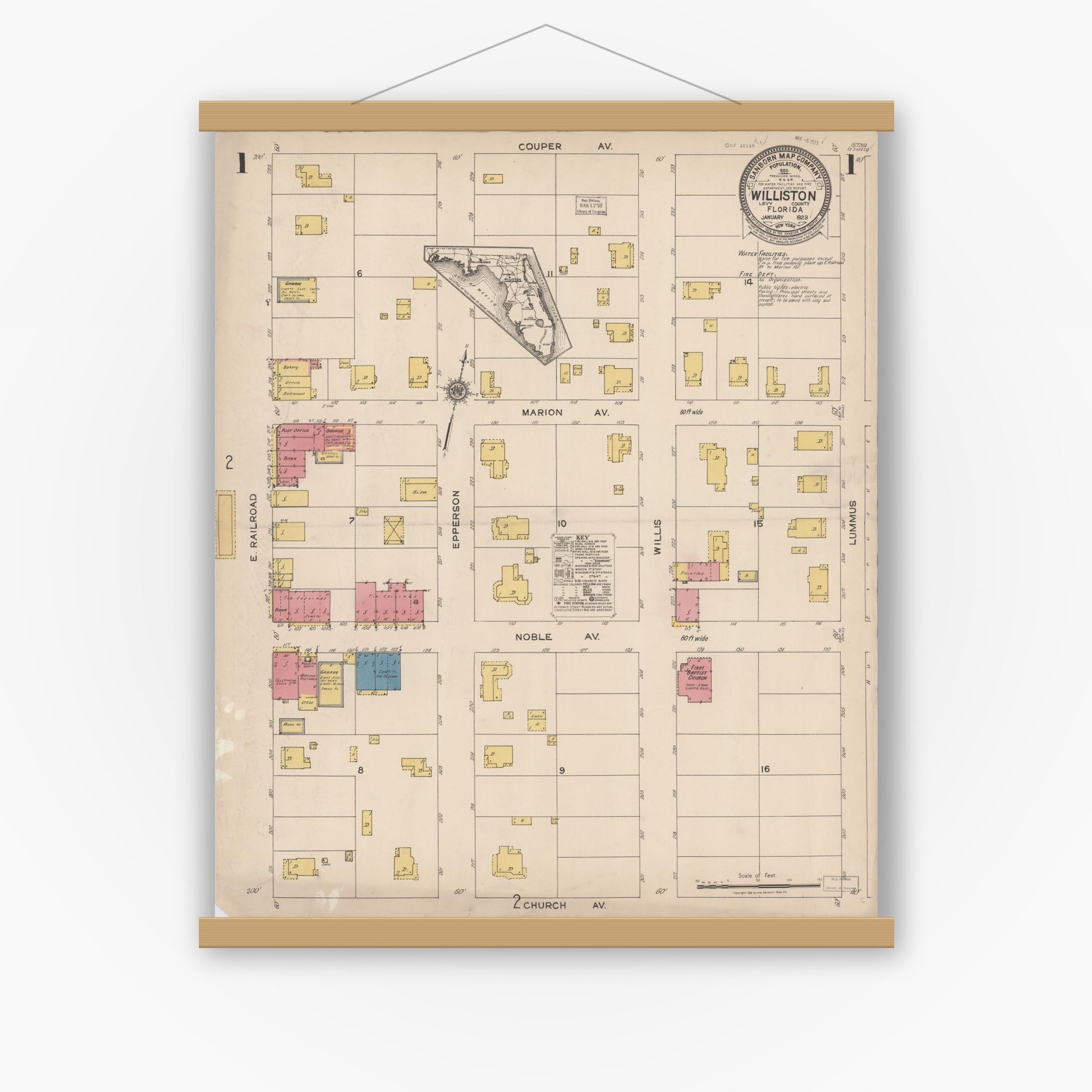 Old map wall art mockup — magnetic wood frame on white wall — Sanborn Fire Insurance Map from Williston, Levy County, Florida (1923) - Complete Map Set