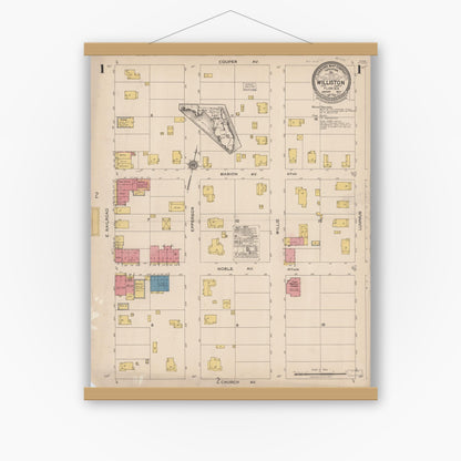 Old map wall art mockup — magnetic wood frame on white wall — Sanborn Fire Insurance Map from Williston, Levy County, Florida (1923) - Complete Map Set
