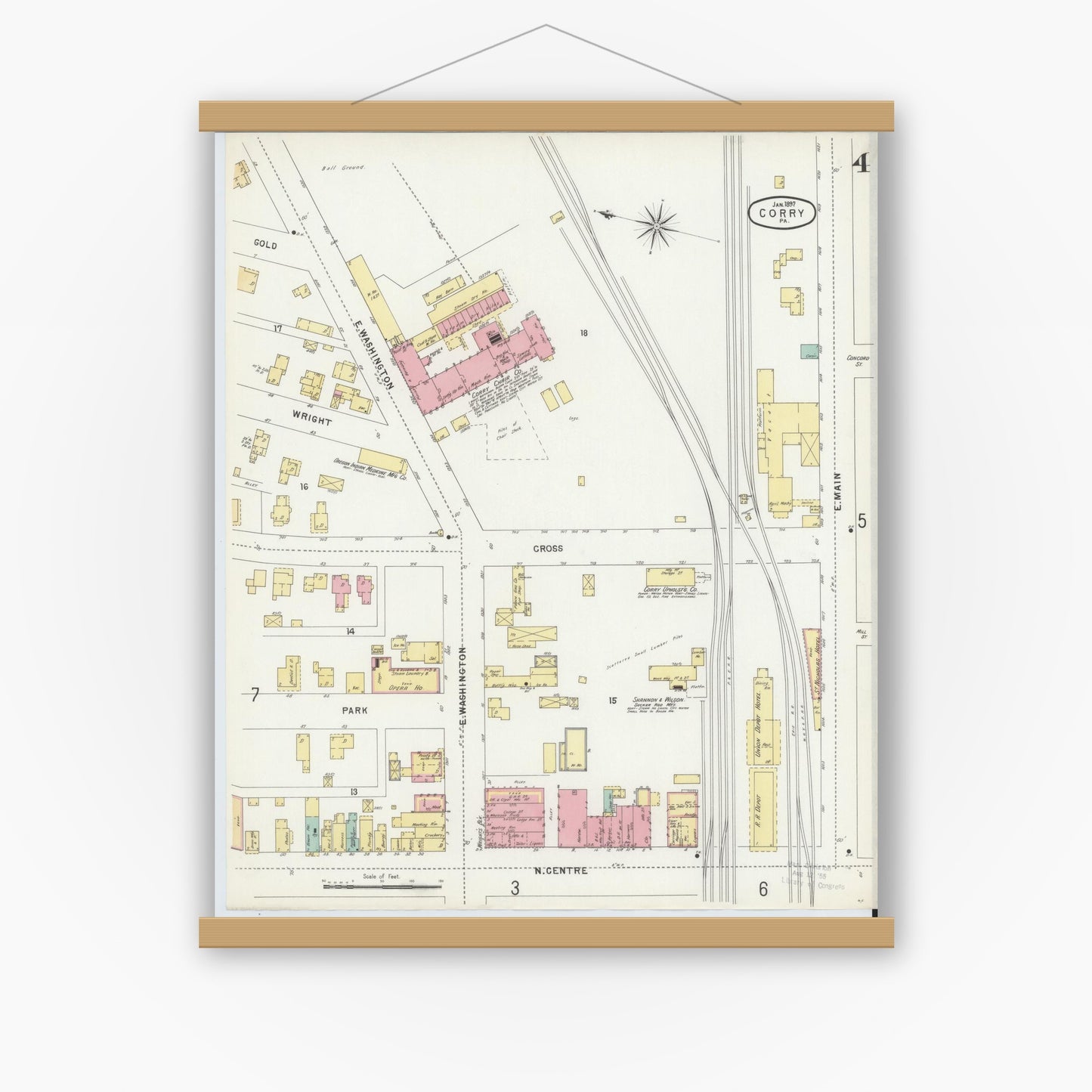 Old map wall art mockup — magnetic wood frame on white wall — Sanborn Fire Insurance Map from Corry, Erie County, Pennsylvania (1897), Sheet #0004