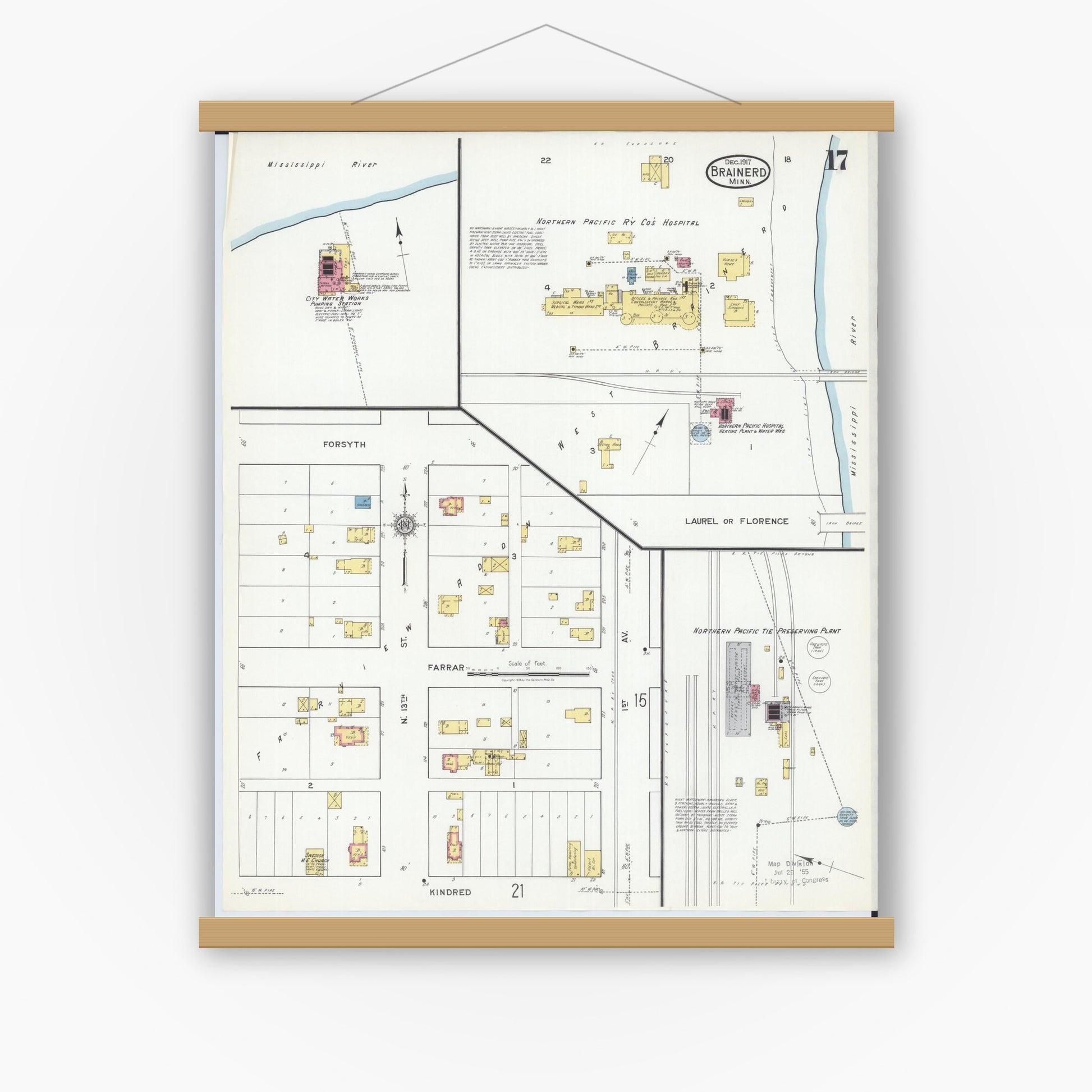 Old map wall art mockup — magnetic wood frame on white wall — Sanborn Fire Insurance Map from Brainerd, Crow Wing County, Minnesota (1917), Sheet #0017