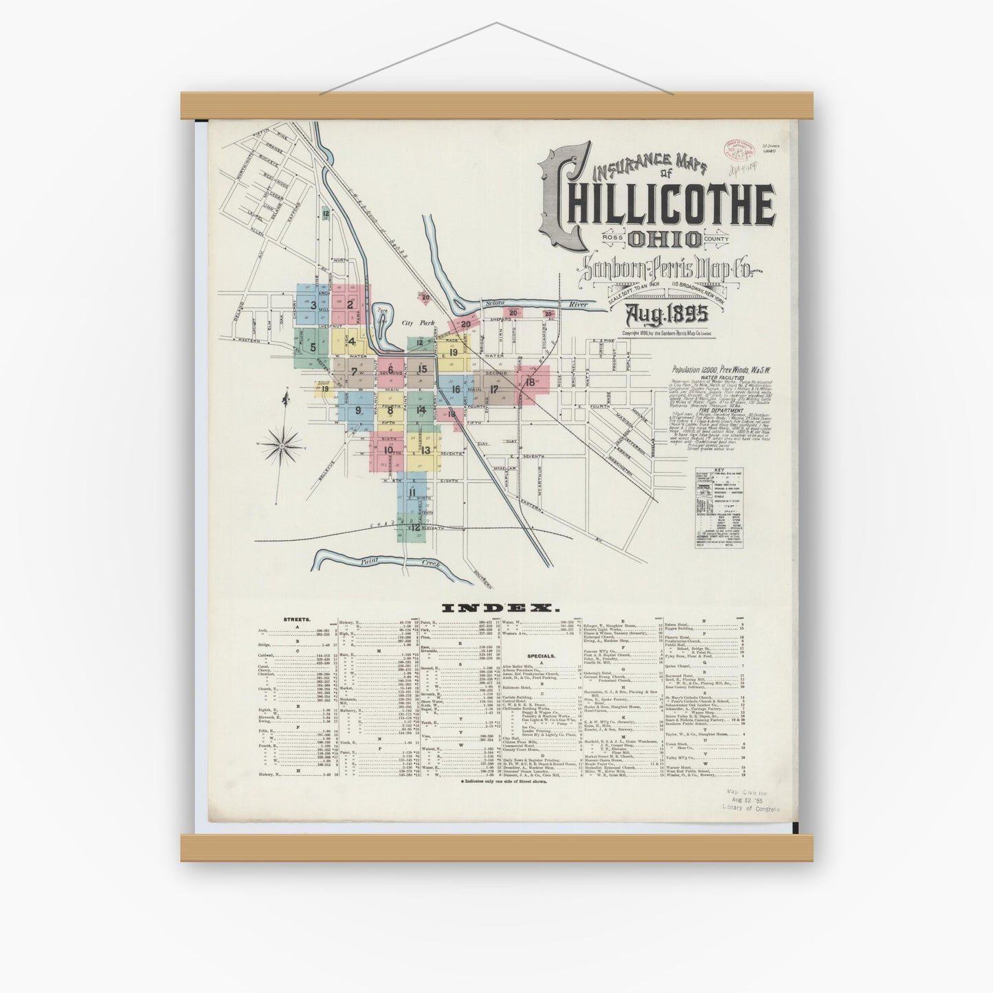 Old map wall art mockup — magnetic wood frame on white wall — Sanborn Fire Insurance Map from Chillicothe, Ross County, Ohio (1895), Sheet #0001