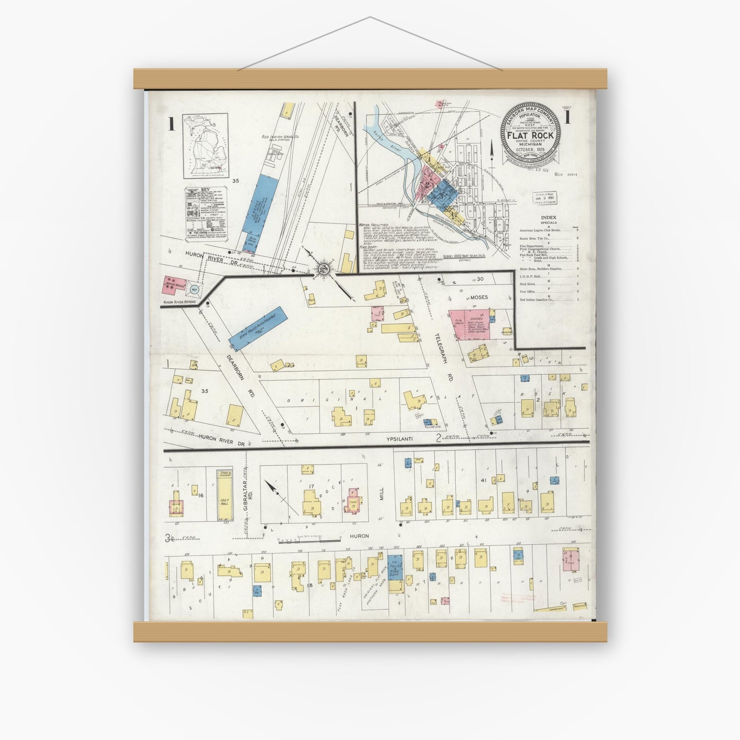 Old map wall art mockup — magnetic wood frame on white wall — Sanborn Fire Insurance Map from Flat Rock, Wayne County, Michigan (1929) - Complete Map Set