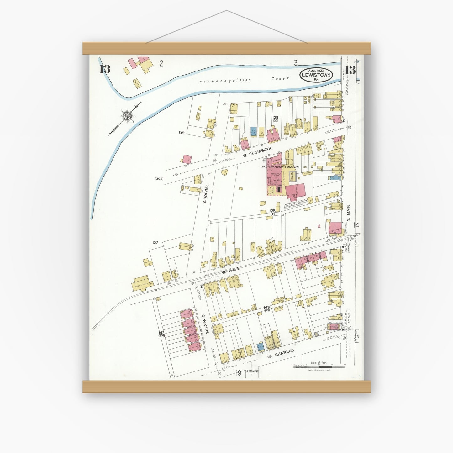 Old map wall art mockup — magnetic wood frame on white wall — Sanborn Fire Insurance Map from Lewistown, Mifflin County, Pennsylvania (1923), Sheet #0013