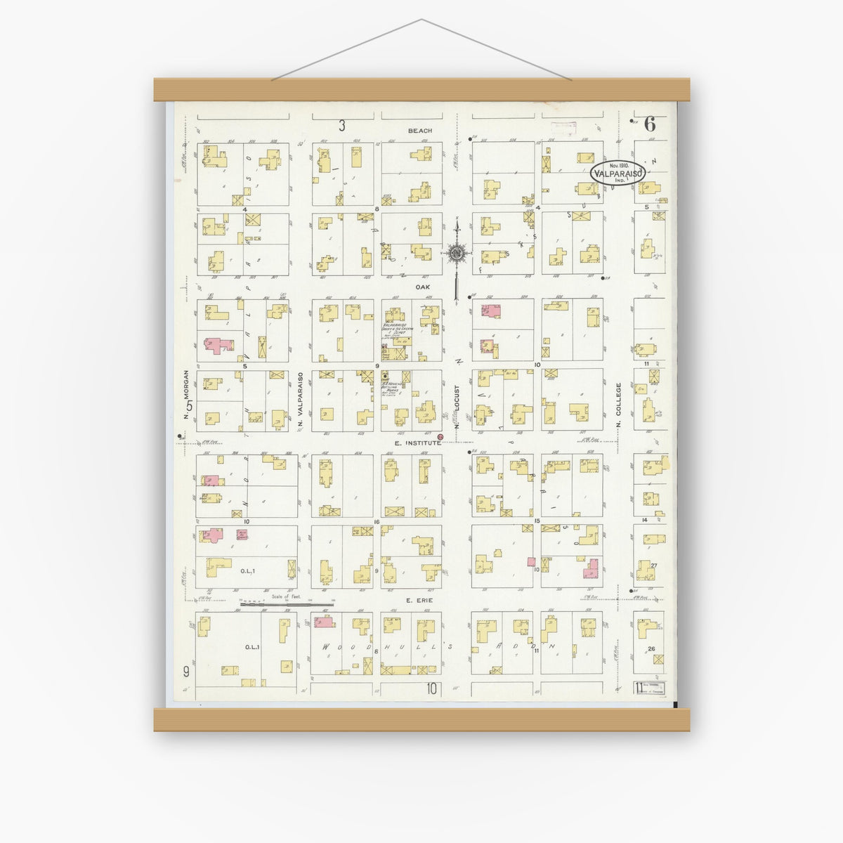 Old map wall art mockup — magnetic wood frame on white wall — Sanborn Fire Insurance Map from Valparaiso, Porter County, Indiana (1910), Sheet #0006
