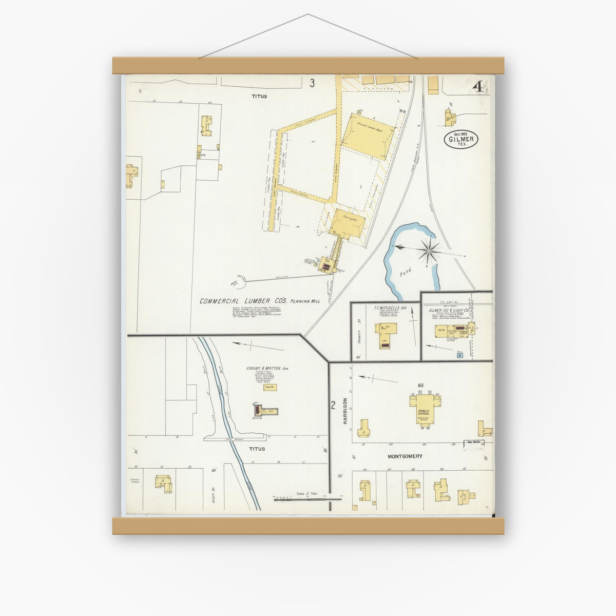 Old map wall art mockup — magnetic wood frame on white wall — Sanborn Fire Insurance Map from Gilmer, Upshur County, Texas (1902), Sheet #0004