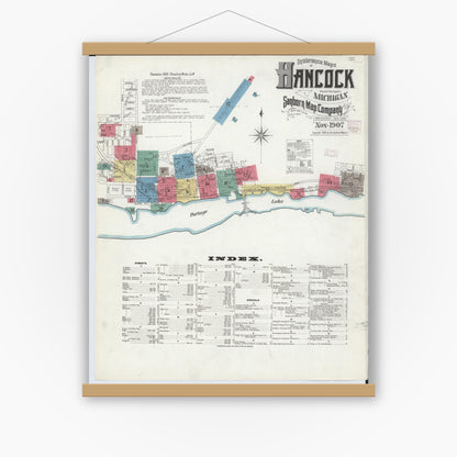 Old map wall art mockup — magnetic wood frame on white wall — Sanborn Fire Insurance Map from Hancock, Houghton County, Michigan (1907) - Complete Map Set