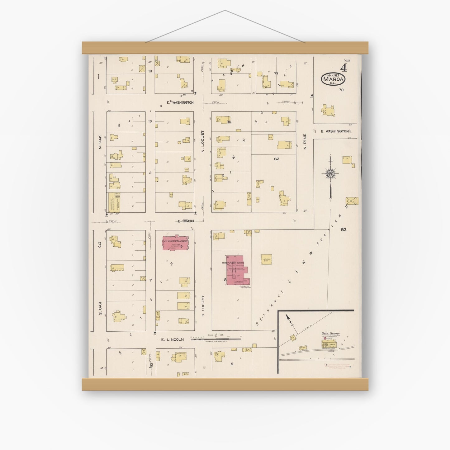 Old map wall art mockup — magnetic wood frame on white wall — Sanborn Fire Insurance Map from Maroa, Macon County, Illinois (1922), Sheet #0004