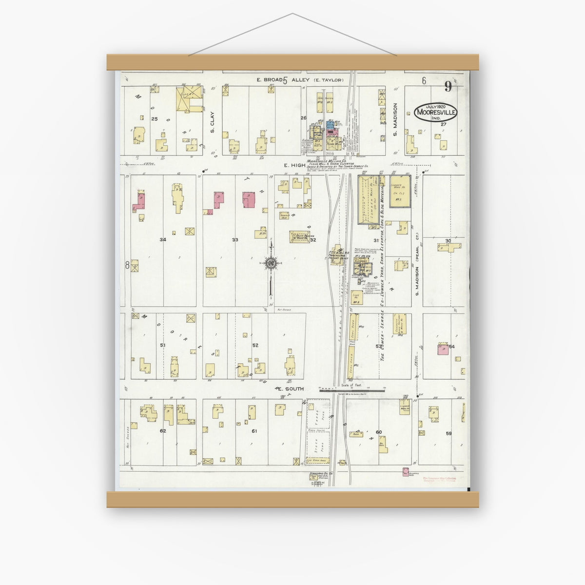 Old map wall art mockup — magnetic wood frame on white wall — Sanborn Fire Insurance Map from Mooresville, Morgan County, Indiana (1920), Sheet #0009