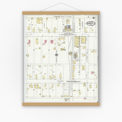Old map wall art mockup — magnetic wood frame on white wall — Sanborn Fire Insurance Map from Mooresville, Morgan County, Indiana (1920), Sheet #0009