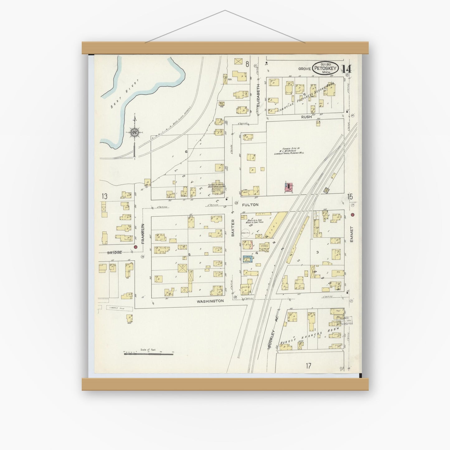 Old map wall art mockup — magnetic wood frame on white wall — Sanborn Fire Insurance Map from Petoskey, Emmet County, Michigan (1913), Sheet #0014