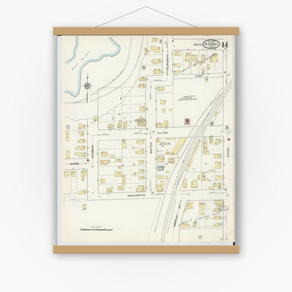 Old map wall art mockup — magnetic wood frame on white wall — Sanborn Fire Insurance Map from Petoskey, Emmet County, Michigan (1913), Sheet #0014
