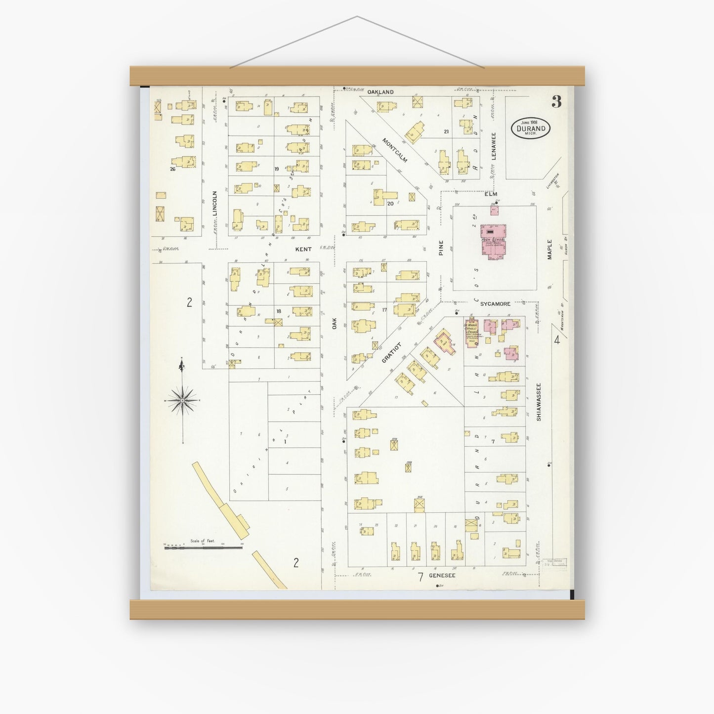 Old map wall art mockup — magnetic wood frame on white wall — Sanborn Fire Insurance Map from Durand, Shiawassee County, Michigan (1908), Sheet #0003